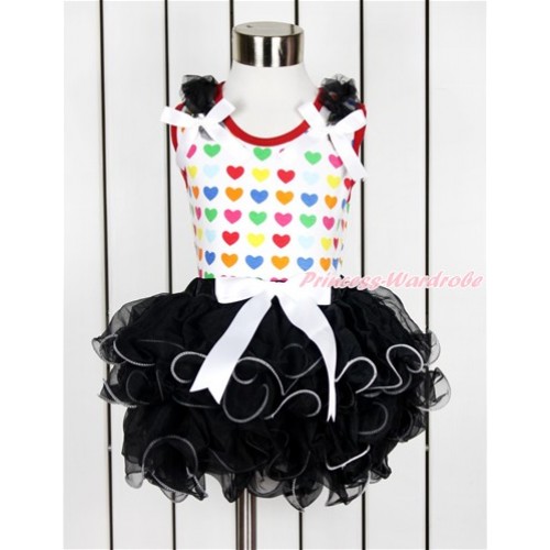 Valentine's Day Rainbow Heart Baby Pettitop & Black Ruffles & White Bow with White Bow Black Baby Petal Pettiskirt NG1390 